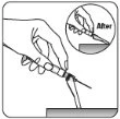 Disegno tecnico che mostra una mano che impugna una siringa per un'iniezione e un dettaglio circolare che indica di non tagliare l'ago