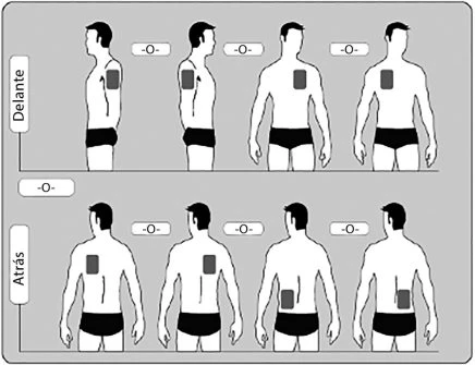 Diagramma con otto figure maschili che mostrano i diversi siti di iniezione su braccio, addome, torace, schiena e fianchi in vista frontale e posteriore