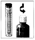 A syringe with needle next to a dark vial, with a curved arrow indicating the rotational movement for mixing