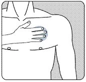 Schematic drawing of a male torso with a hand placed on the chest indicating a highlighted circular area on the pectoral muscle