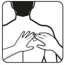 Stylized drawing of a person viewed from behind, with two hands applying a patch or device to the upper back
