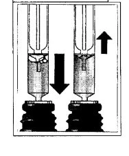Diagram showing two vials with black arrows indicating downward movement from the first and toward the