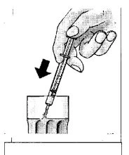 A hand holding a syringe with a needle being inserted vertically into the skin of a limb, with a black arrow indicating the direction