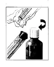 Technical drawing showing a syringe with needle inserted into tissue and a dark vial with a screw cap to be unscrewed, indicated by a curved arrow