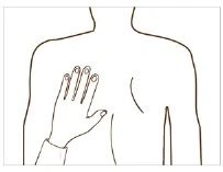 Disegno a linee nere di un busto umano con una mano appoggiata sul petto destro per indicare la posizione del cuore
