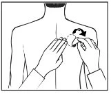 Schematic drawing of a human torso with two hands applying a patch on the left shoulder using a circular motion indicated by an arrow