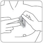 Line drawing of a person applying a small patch or medical device to the upper part of the