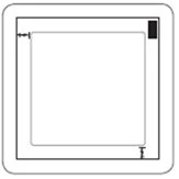 Technical diagram of a square box with rounded corners, black outline borders, and small measurement indicators on opposite corners