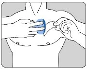 Schematic drawing of a chest where two hands are applying a blue patch to the upper chest area
