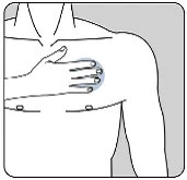 Schematic drawing of a male torso with a hand placed on the chest over a