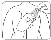 Line drawing of hands applying a patch or medical device to the upper back of a person facing away