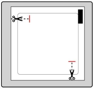 Diagramma con forbici e linee tratteggiate rosse che indicano i punti di taglio su un foglio bianco con bordo grigio per separare il contenuto