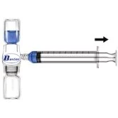 Horizontal syringe connected to a connector joining two vertical glass vials, with a black arrow indicating movement to the right