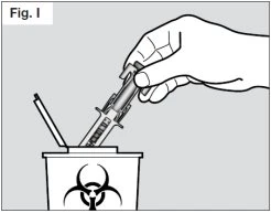A hand holding a syringe to place it into a biohazard waste container with a biohazard symbol on a grey background