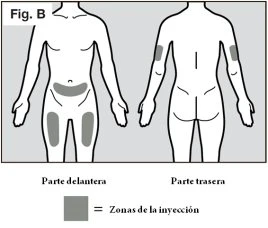 Human body diagram showing front and back views with shaded areas indicating injection sites on thighs and arms