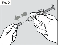 Two hands handling a syringe and a small cylindrical container with arrows indicating the movement bringing the two objects together