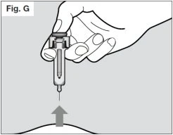 A hand holding an injection pen vertically, ready to pierce the skin, with an arrow indicating the direction of