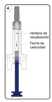 Diagram strzykawki z oznaczeniami okienka kontrolnego oraz daty ważności na przezroczystej obudowie urządzenia