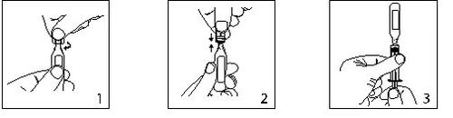 Three numbered diagrams show the steps to prepare the medication: 1 unscrew the cap, 2 draw up the liquid, and 3 insert the
