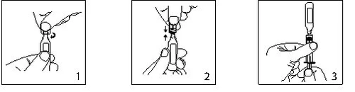 Tre diagrammi numerati che mostrano come svitare il cappuccio, sollevare il flacone e inserire la siringa per prelevare il farmaco liquido