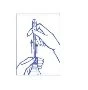 Blue line drawing showing two hands holding an injection pen to administer a drug vertically