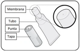 Diagramma medico che mostra i componenti di un dispositivo con etichette per membrana, tubo, punta e tappo su sfondo bianco