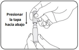 Due mani tengono un flaconcino e un tappo, con una freccia che indica di premere il tappo verso il basso per aprirlo