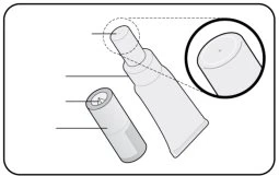 Diagramma tecnico di un dispositivo medico con linee di riferimento che indicano le varie componenti e un ingrandimento della punta superiore