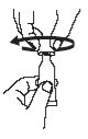 Black and white drawing showing a hand rotating the top part of a medical bottle with a black circular arrow