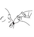 Black line drawing showing a hand holding an injector pen applied against the upper part of the cheek of a face