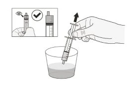 Una mano solleva una siringa da un bicchiere d'acqua con un riquadro che mostra il controllo del livello del liquido e un segno di spunta