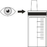 Disegno schematico di un occhio che guarda verso una siringa con una freccia nera che indica la parte superiore del dispositivo medico