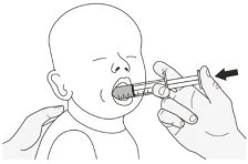 Disegno lineare di una mano che sostiene la testa di un neonato mentre l'altra mano inserisce un applicatore orale nella bocca del bambino