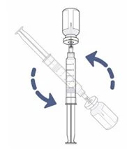 Diagramma che mostra il movimento rotatorio di una siringa per aspirare il liquido da una fiala tramite un ago centrale