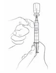 Disegno a tratto di due mani che impugnano una siringa con un flaconcino di vetro collegato alla parte superiore tramite un connettore