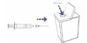 Diagramma che mostra una siringa con ago che viene smaltita all'interno di un contenitore per rifiuti taglienti con coperchio aperto