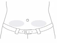 Disegno schematico di un torso umano con due aree grigie rettangolari sui fianchi sopra una cintura con fibbia metallica centrale