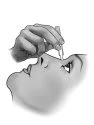 Black and white drawing of a hand using a pipette to drop a liquid into the mouth of a person shown in profile