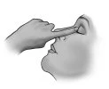 Black and white drawing of a hand inserting an applicator or tube into a body opening