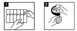 Due diagrammi numerati mostrano mani che separano una striscia di fiale e poi ruotano un contenitore per aprirlo