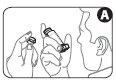 Black and white drawing showing two hands unscrewing and separating the two components of a medical vial with the letter A in a circle