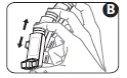 A hand holding a cylindrical medical device with black arrows indicating a vertical sliding motion downward