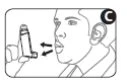 Black and white drawing of a man holding an inhaler near his open mouth to take the medication, with two directional arrows