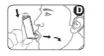 Schematic drawing of a human profile using an inhaler, with a hand holding it near the mouth and arrows indicating the motion