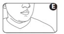 Black line drawing of a human face viewed in three-quarter perspective with neck and shoulders on a white background, and the letter E in a black circle in the upper right corner
