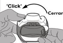 Two hands holding a white and gray medical device while a curved arrow indicates the closing movement towards the sound Click