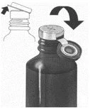 Diagramma che mostra come sollevare il tappo metallico di un flaconcino tramite una linguetta e come riposizionarlo con un movimento rotatorio