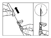 Disegno tecnico che mostra due mani che separano un dispositivo medico con una freccia nera e un dettaglio ingrandito della punta dell'ago