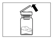 Disegno schematico di un flacon con liquido all'interno e un tappo che viene rimosso verso l'alto indicato da una freccia nera