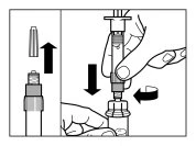 Diagramma che mostra la rimozione del cappuccio superiore e l'inserimento della penna iniuttrice nel flacone tramite una rotazione verso sinistra